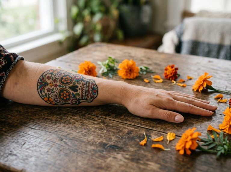 Sugar skull tattoo: colorful sugar skull with marigolds on the forearm
