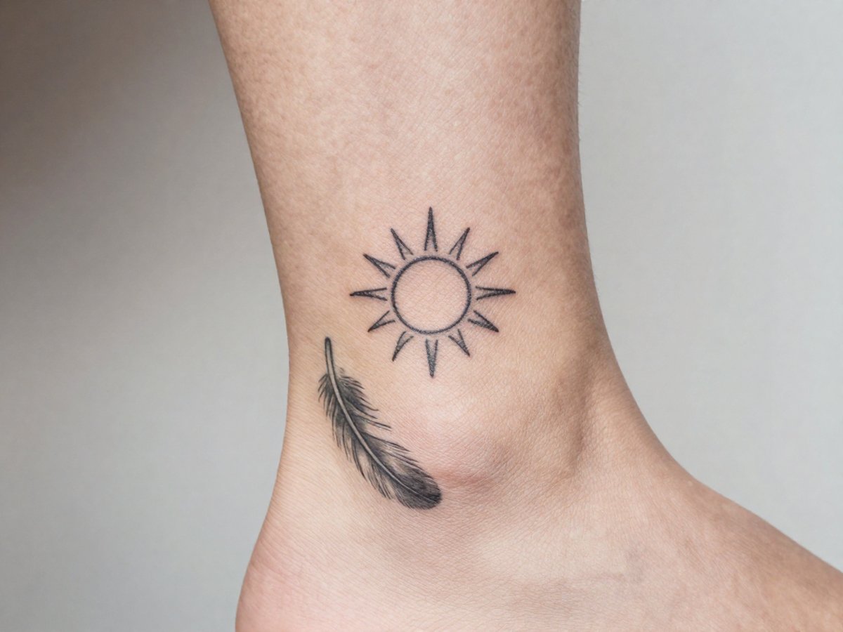 Small sun with straight rays and a single feather tattoo on the ankle