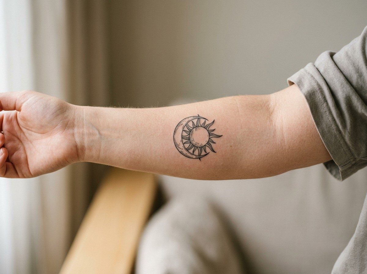 Sun tattoo: sun and moon on the inner forearm