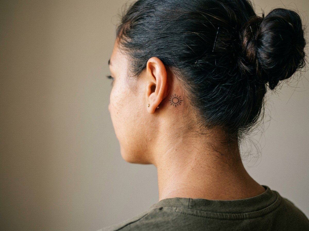 Sun tattoo: tiny sun behind the ear