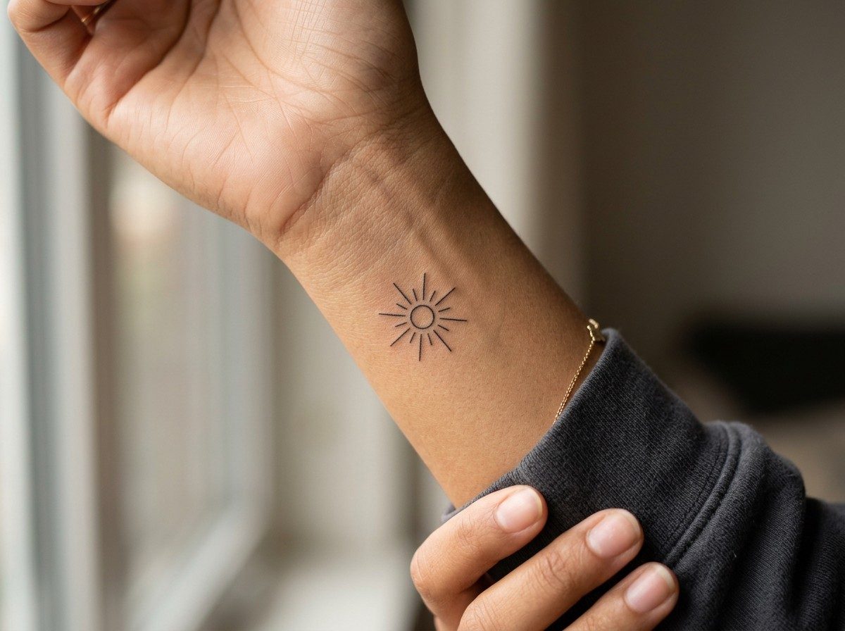 Sun tattoo: minimalist sun on the inner wrist