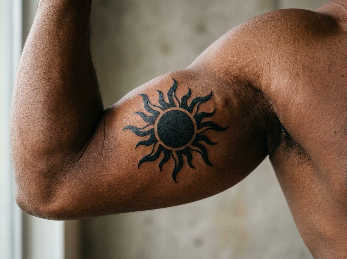 Sun tattoo: tribal sun on the upper arm