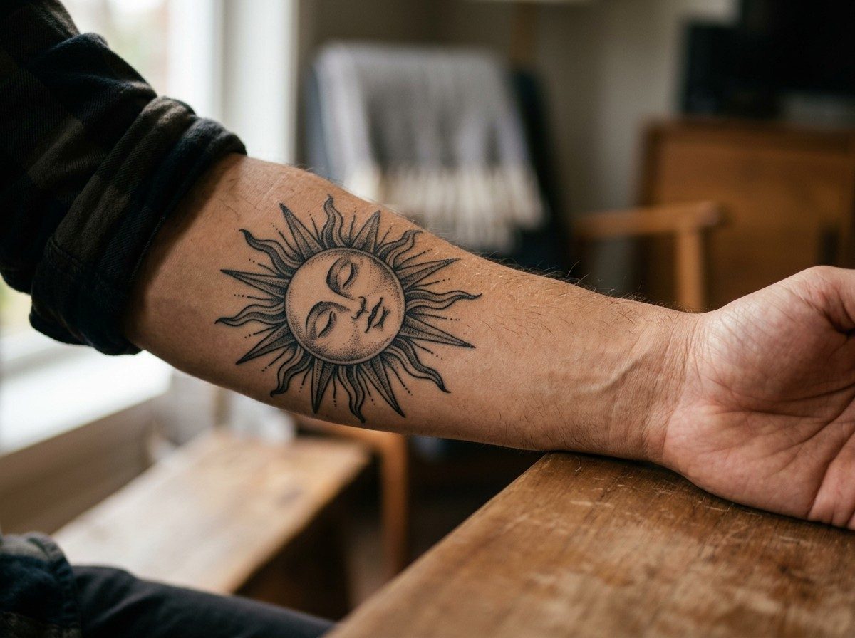 Sun tattoo: sun with a face on the outer forearm