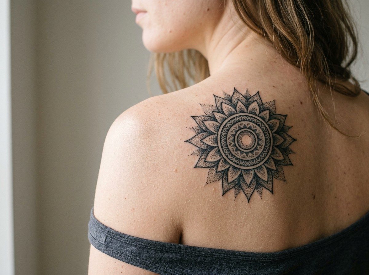 Sun tattoo: mandala sun on the shoulder