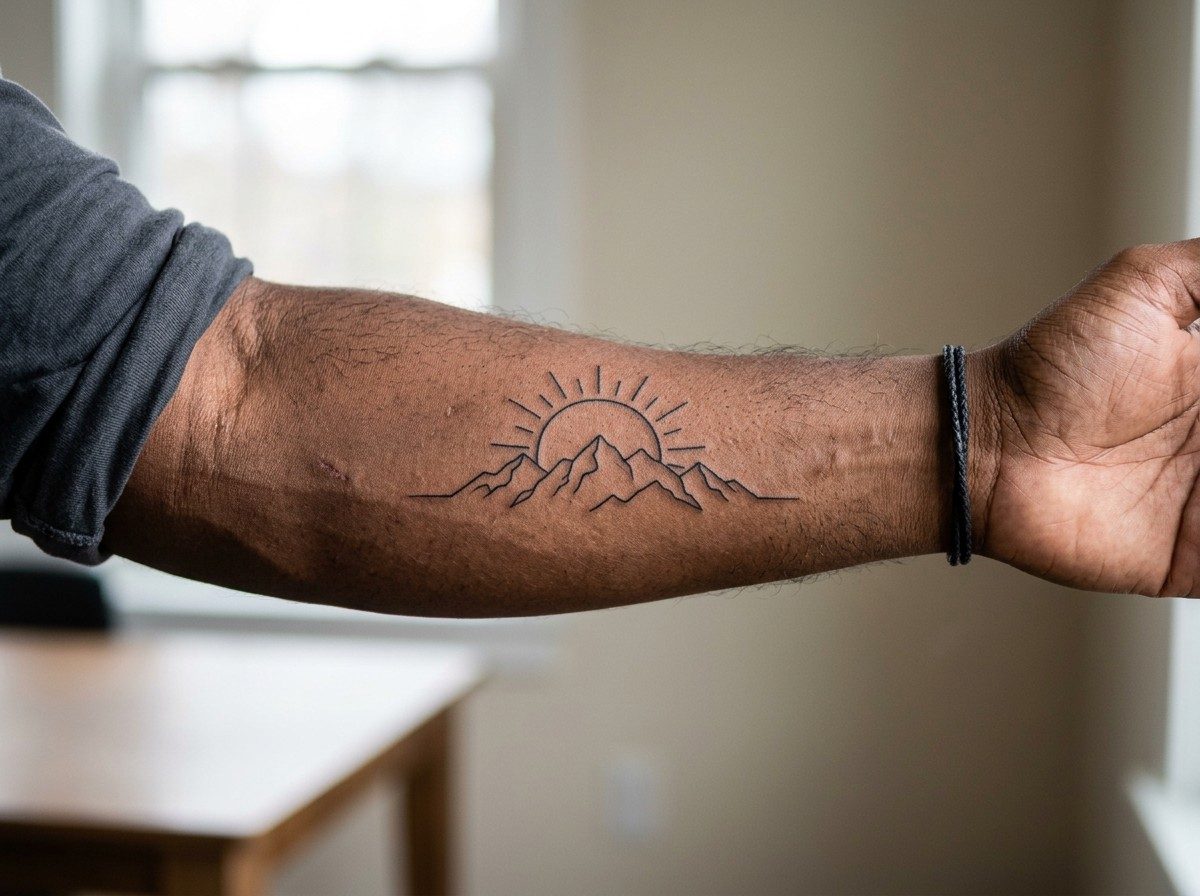 Sun tattoo: rising sun over mountains on the forearm