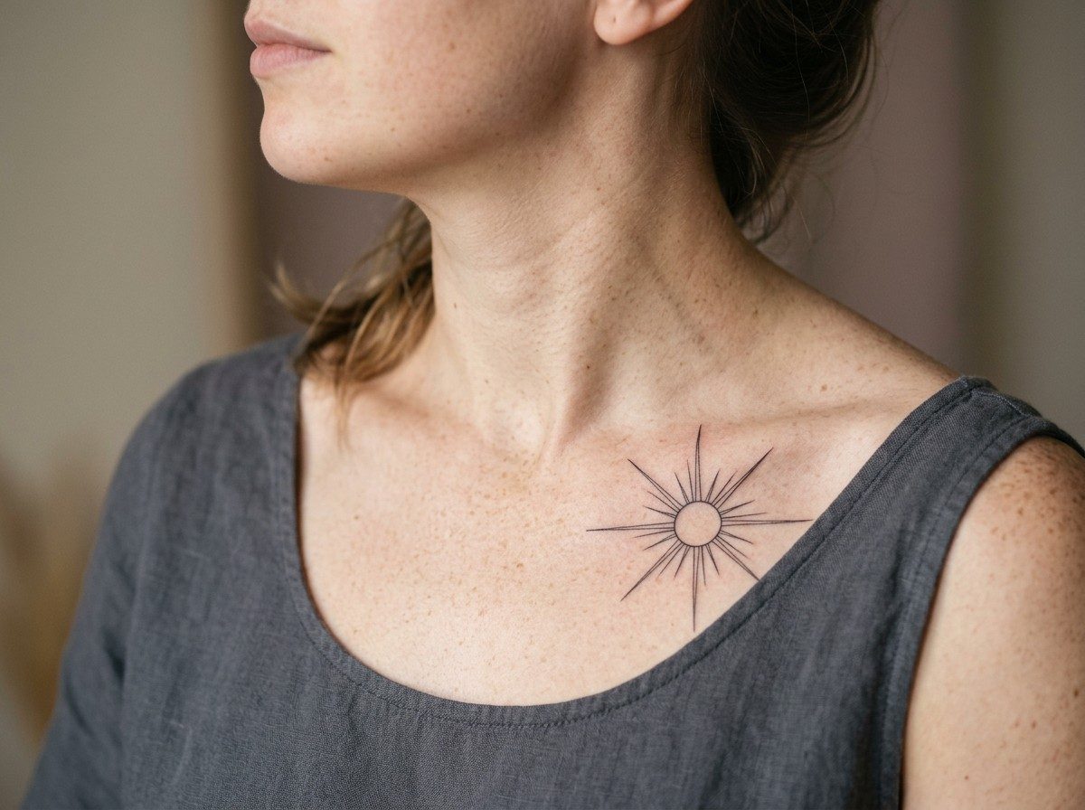 Sun tattoo: sunburst on the collarbone