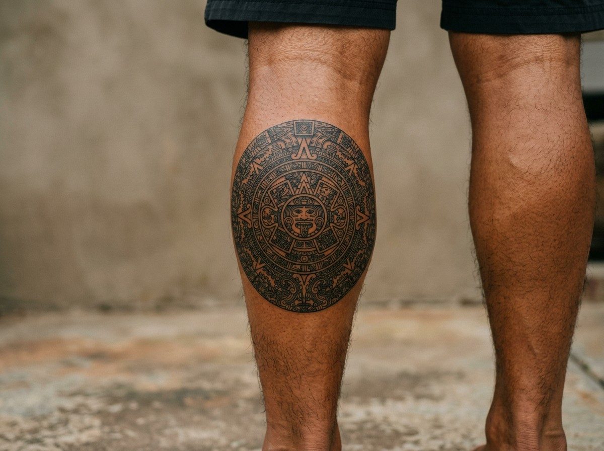 Sun tattoo: aztec sun stone on the lower leg (human calf muscle)