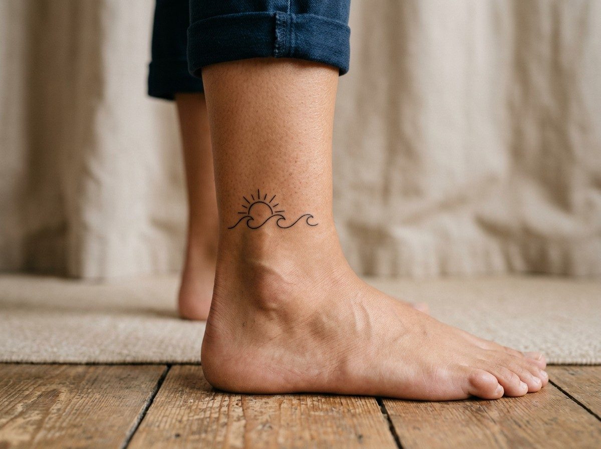 Sun tattoo: sun and waves on the ankle