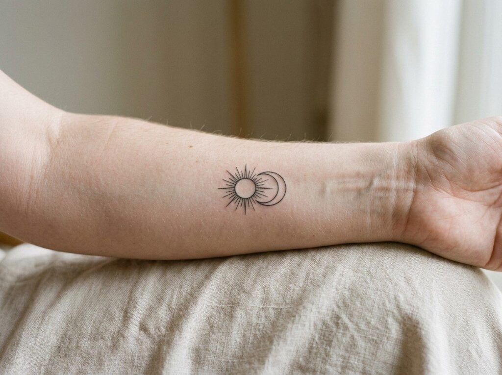 Sun tattoo: fine line sun and moon on the inner forearm