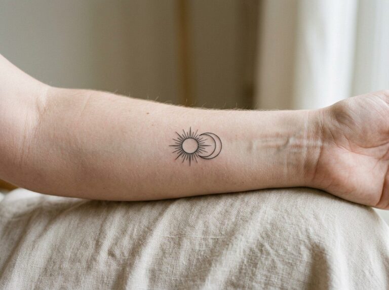 Sun tattoo: fine line sun and moon on the inner forearm
