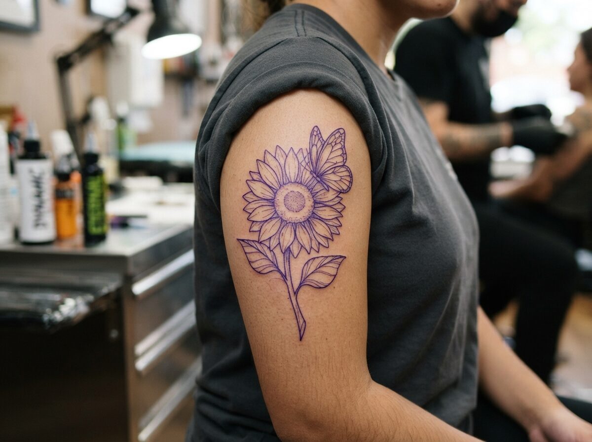 A sunflower with a butterfly resting on the petals stencil on the upper arm