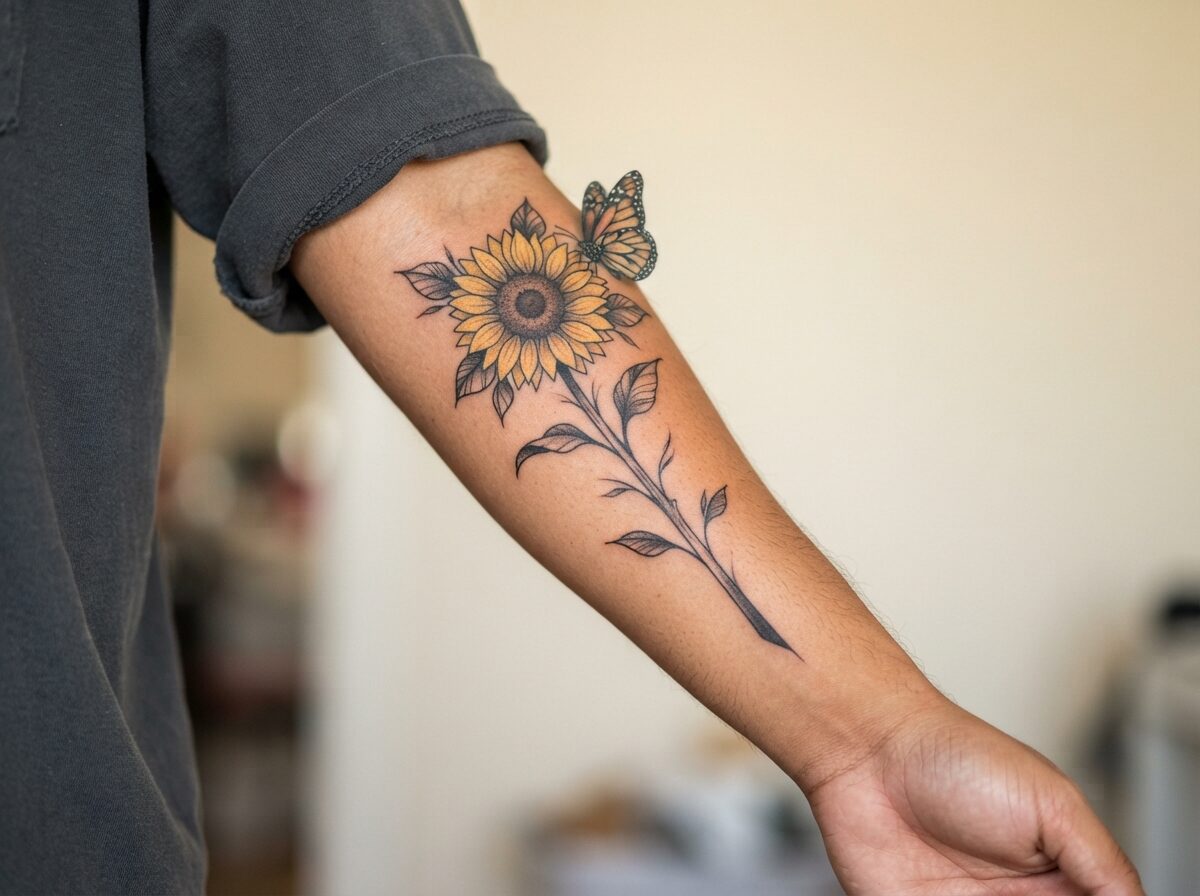 A tall sunflower stem with a butterfly near the bloom on the outer forearm