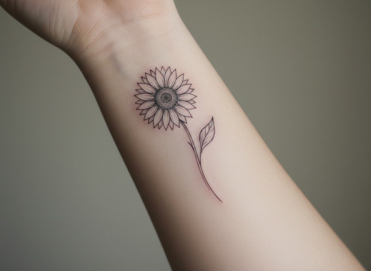 Sunflower tattoo: fine line sunflower on the inner forearm
