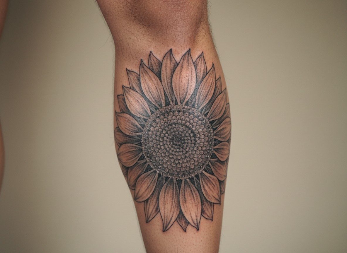 Sunflower tattoo: realistic black and grey sunflower on the calf