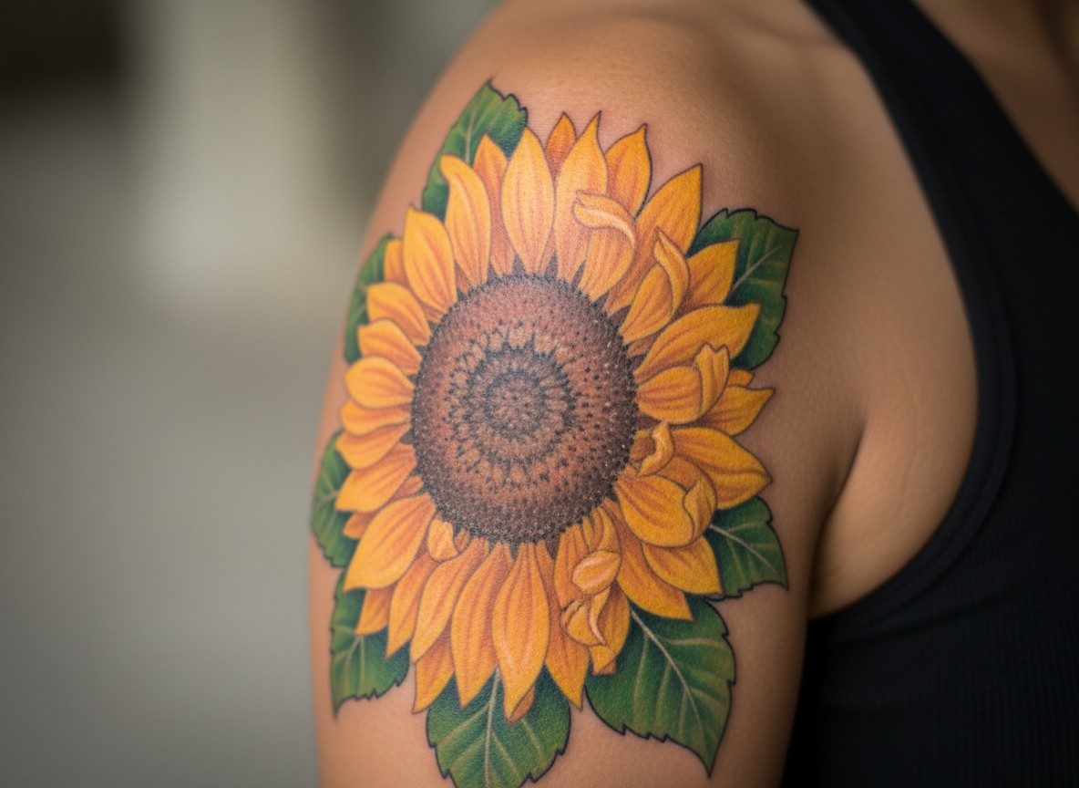 Sunflower tattoo: color sunflower on the upper arm