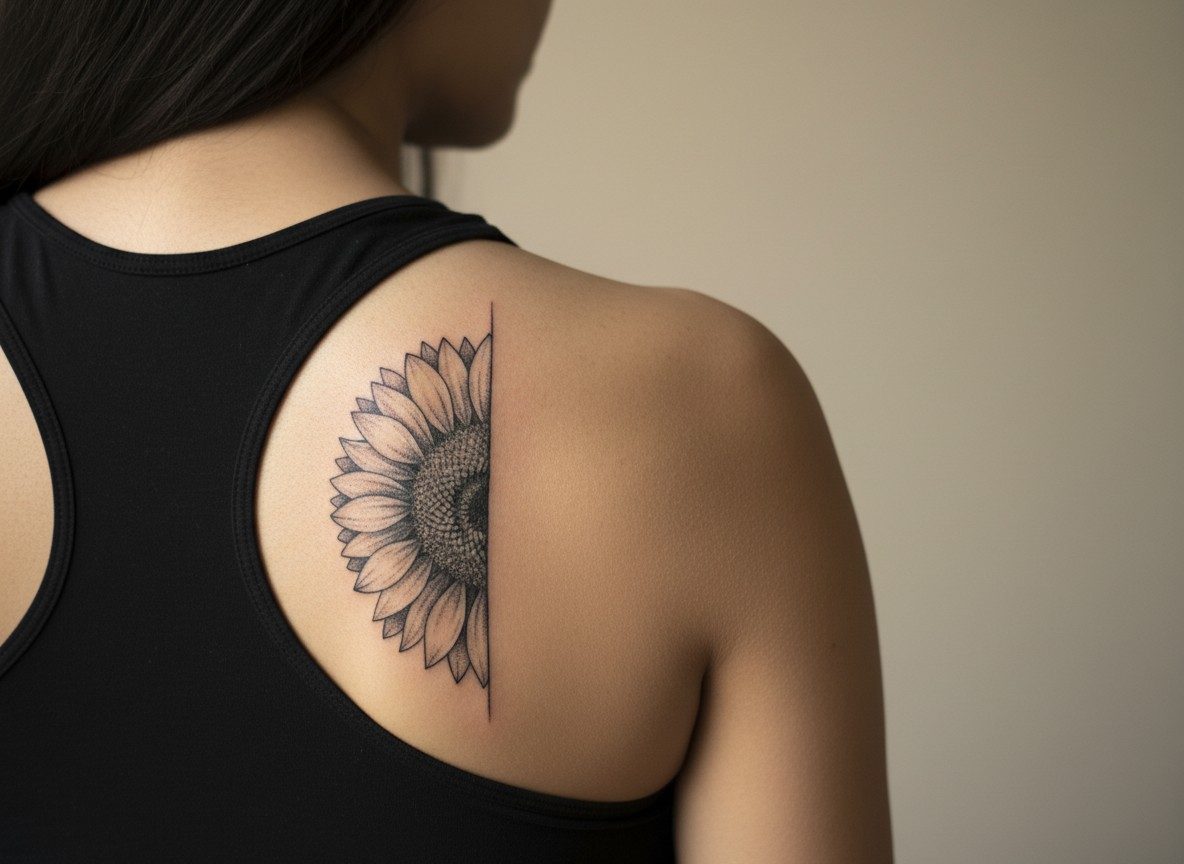 Sunflower tattoo: half sunflower on the shoulder blade