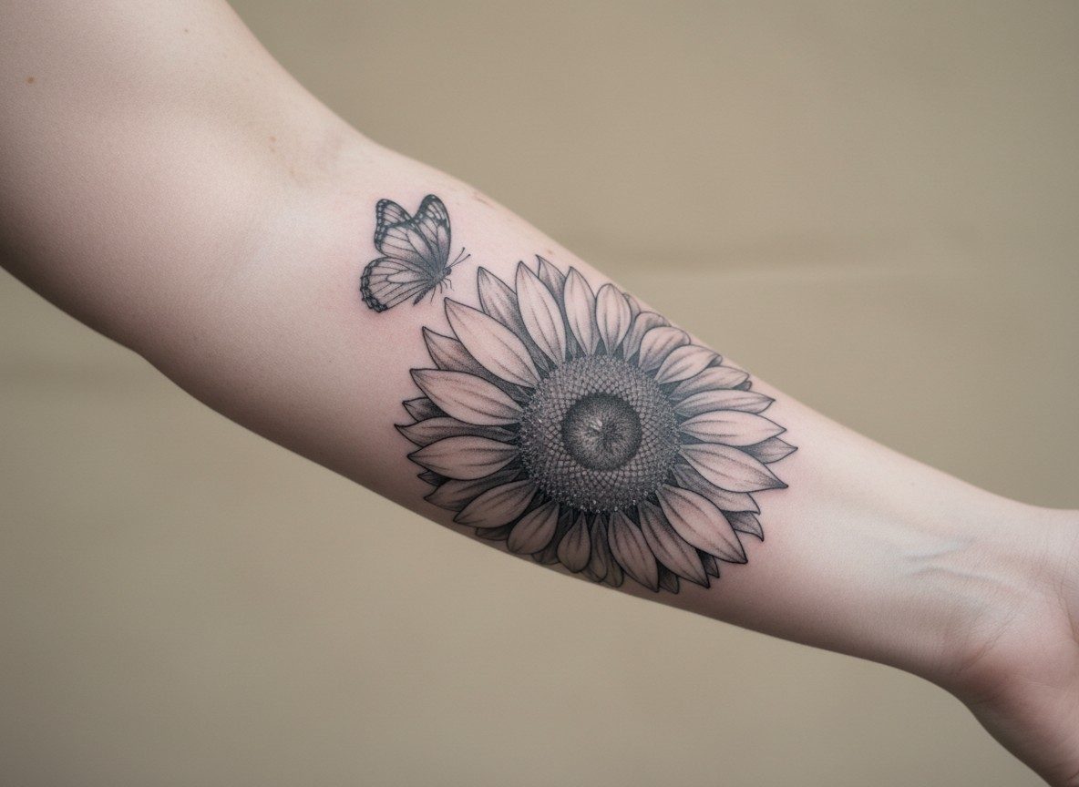 Sunflower tattoo: sunflower and butterfly on the outer forearm