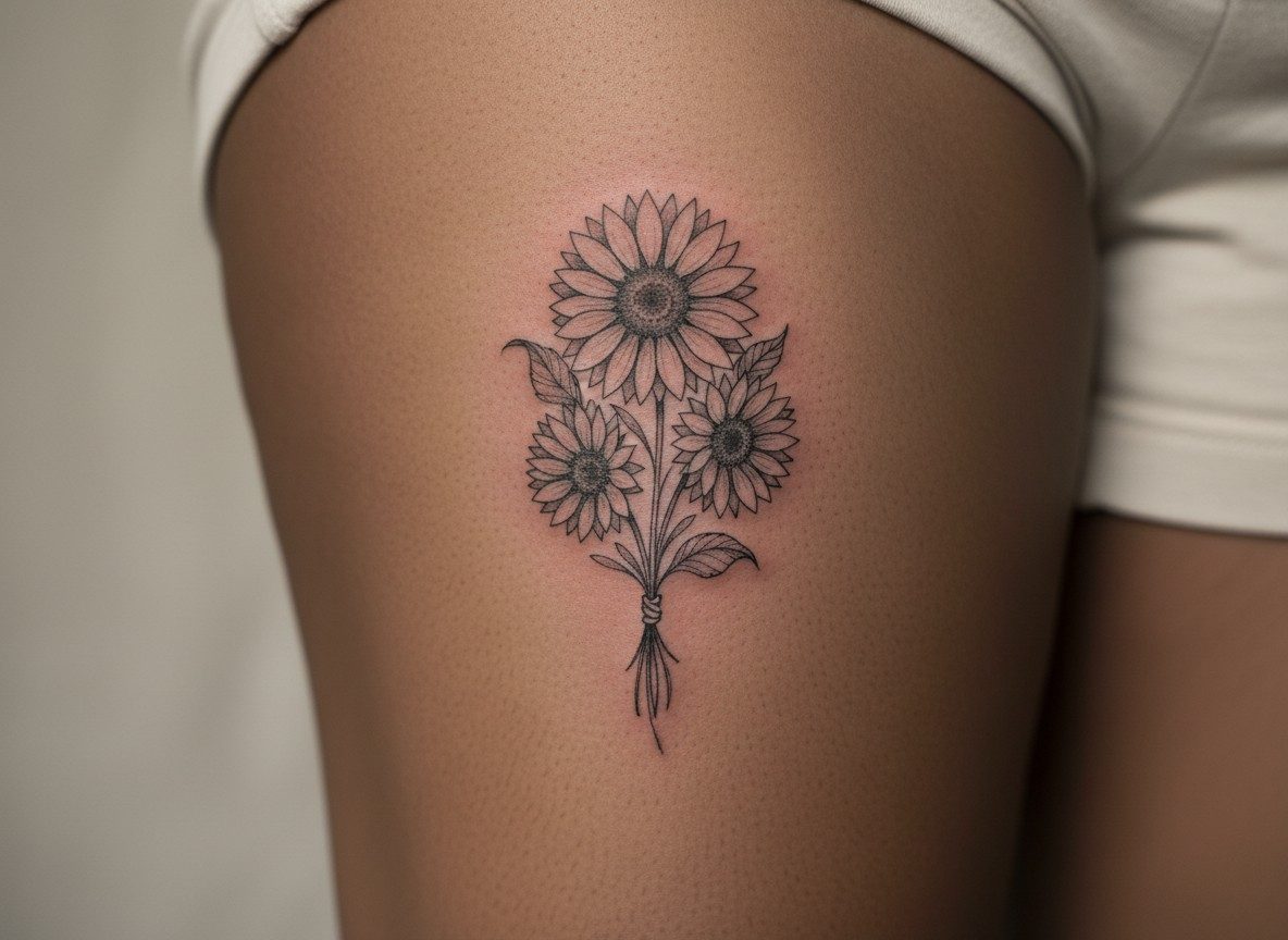 Sunflower tattoo: sunflower bouquet on the outer thigh