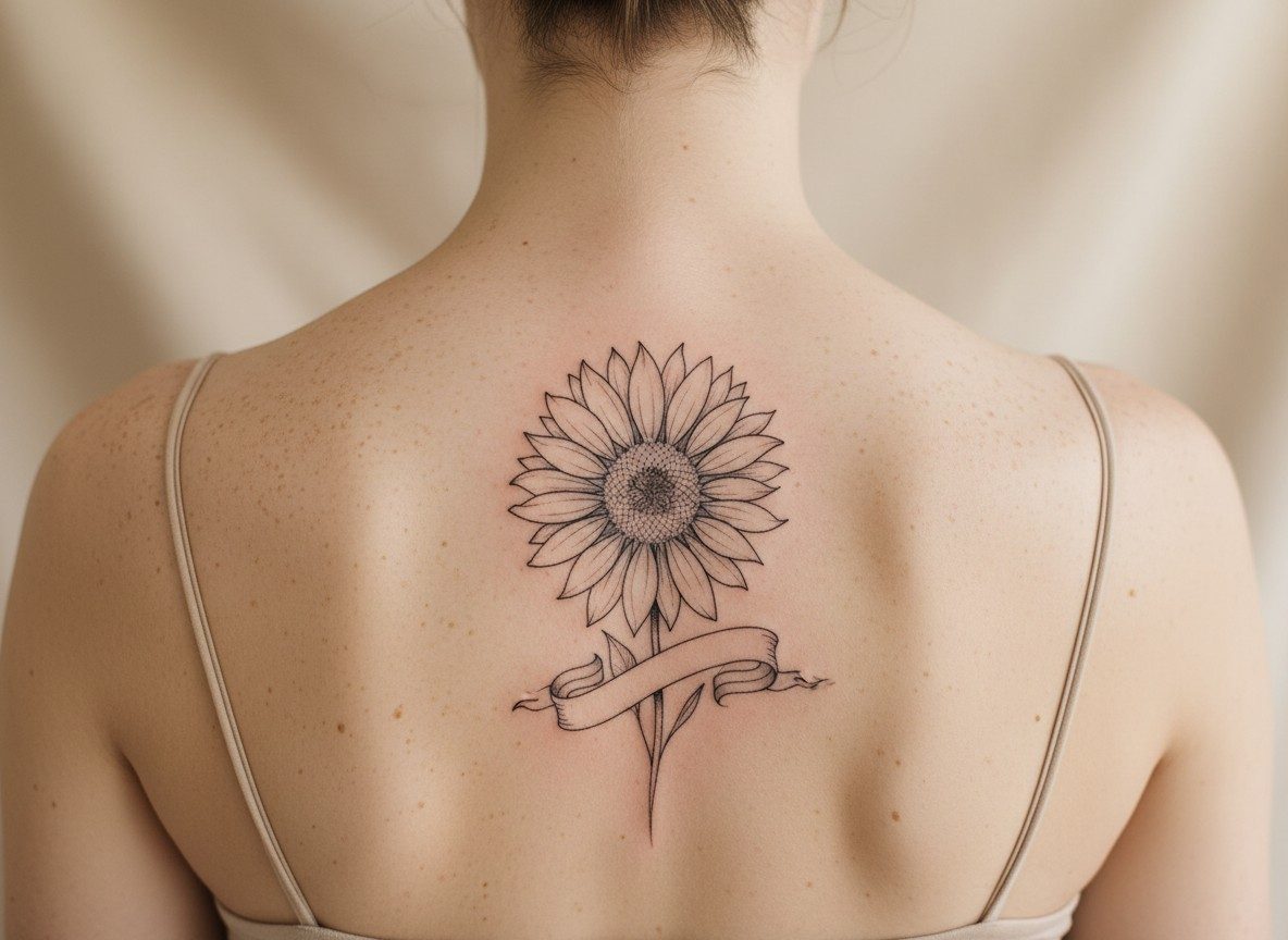 Sunflower tattoo: memorial sunflower on the upper back