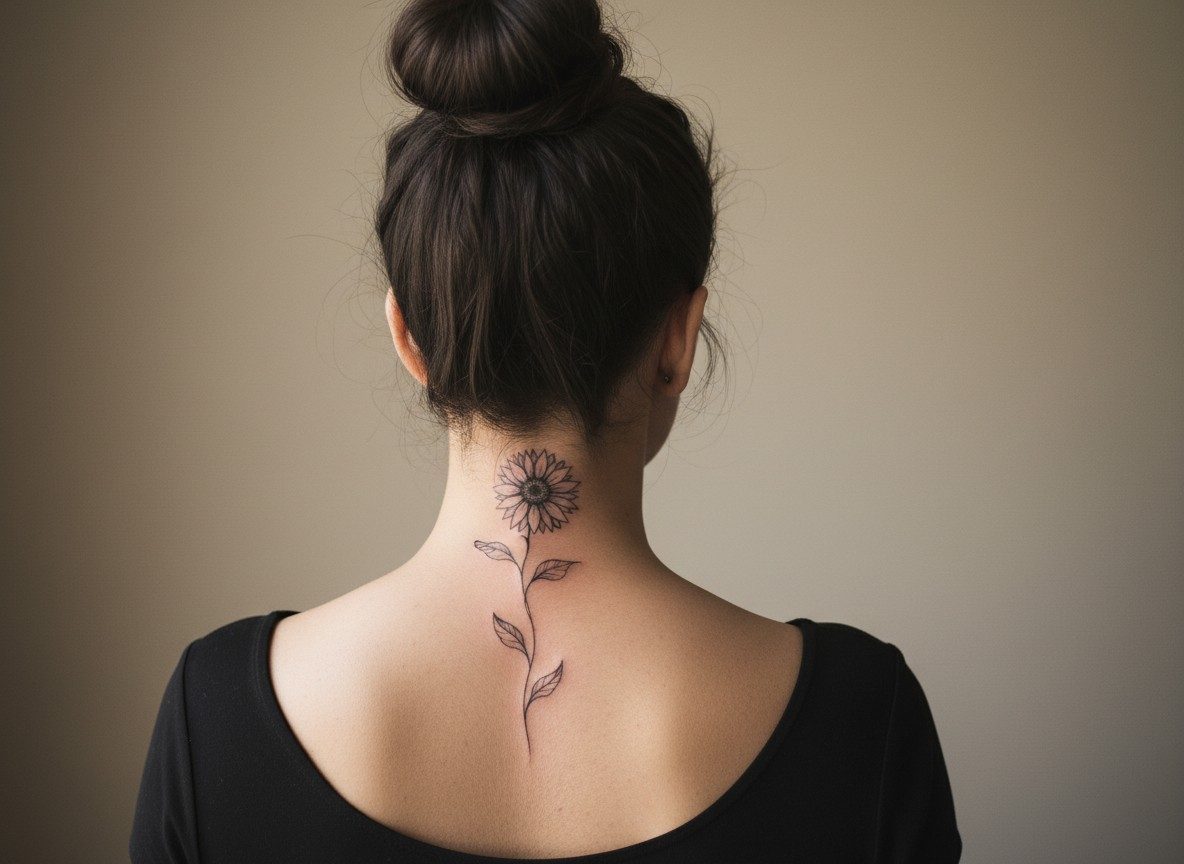 Sunflower tattoo: sunflower spine tattoo on the upper spine