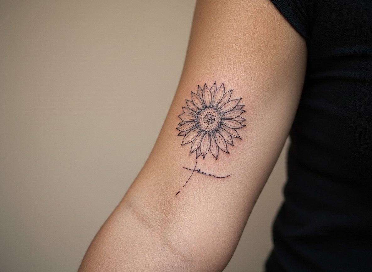 Sunflower tattoo: sunflower with a quote on the forearm