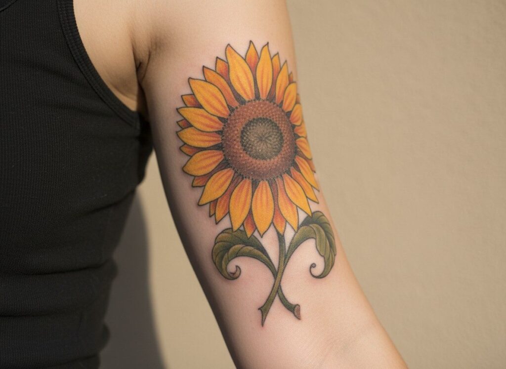 Sunflower tattoo: color sunflower on the upper arm
