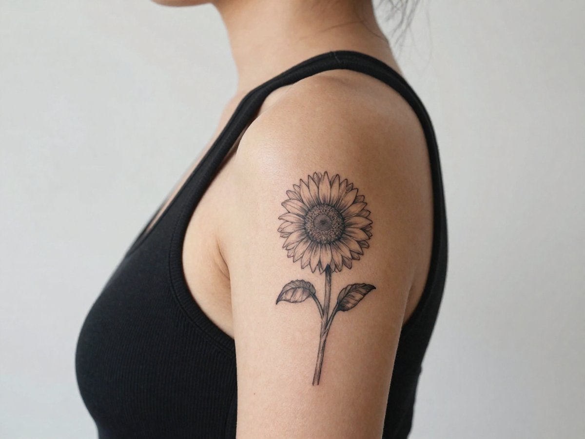 Sunflower with a long stem tattoo on the shoulder