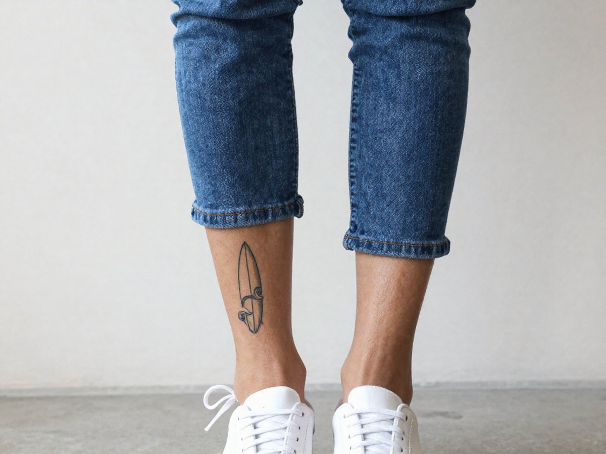 Surfboard standing beside a curling wave tattoo on the back of the calf