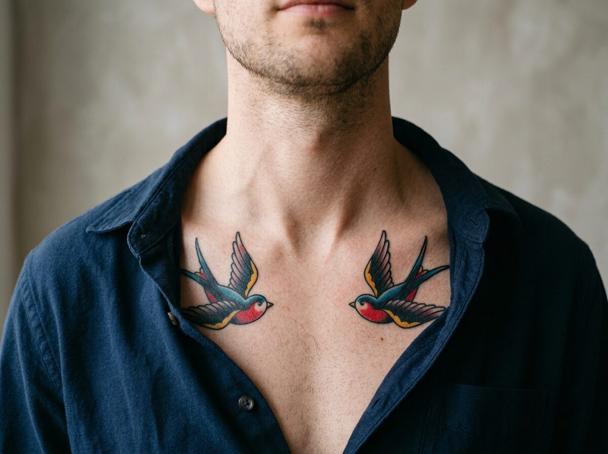 Traditional swallow tattoos under both collarbones on a man