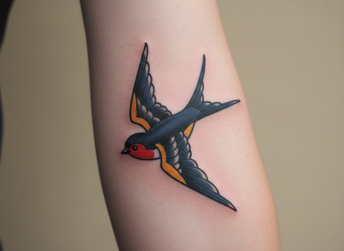 Swallow tattoo meaning: classic traditional swallow on the forearm