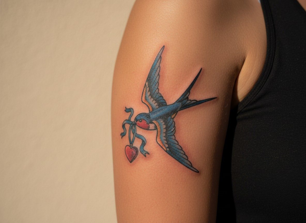Swallow tattoo meaning: swallow carrying a heart locket on the upper arm
