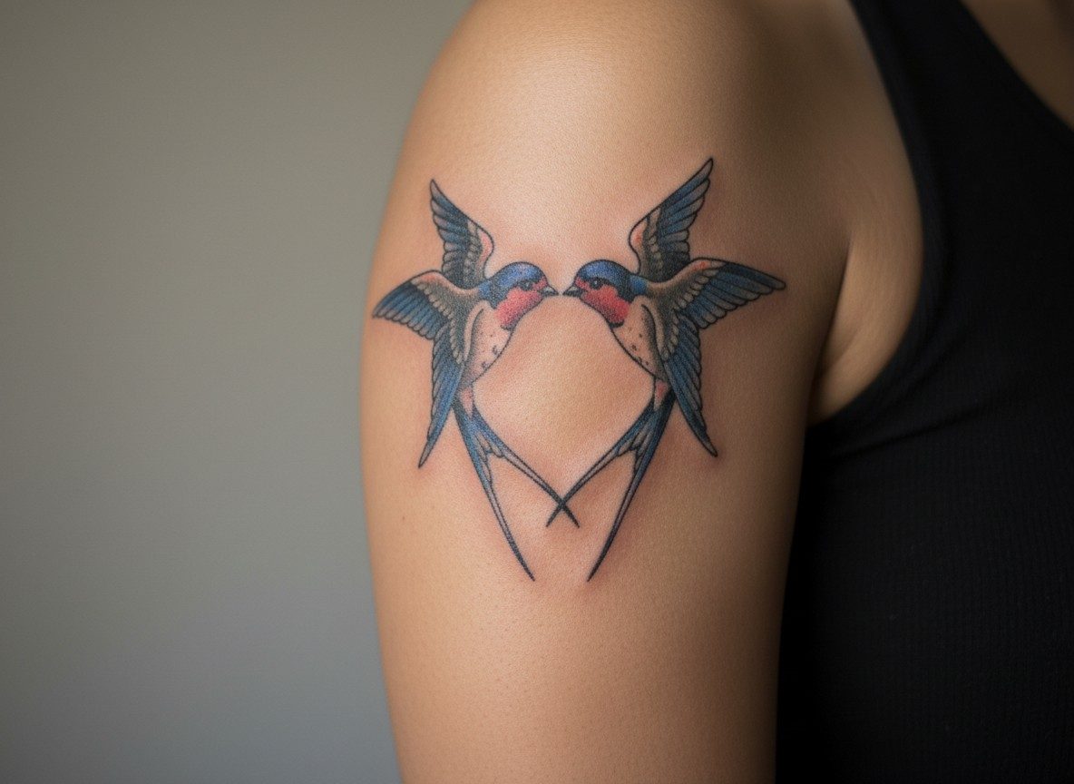 Swallow tattoo meaning: two swallows forming a heart on the upper arm