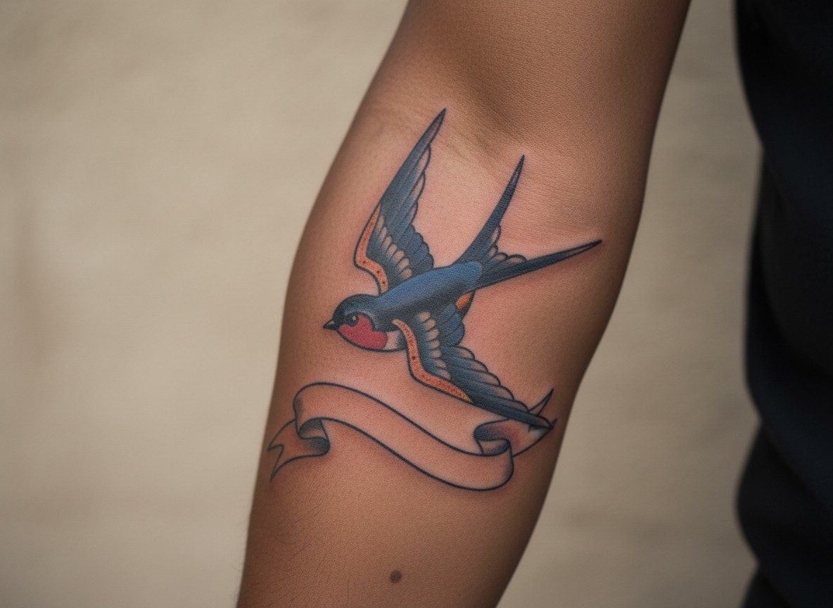 Swallow tattoo meaning: swallow with an empty banner on the forearm