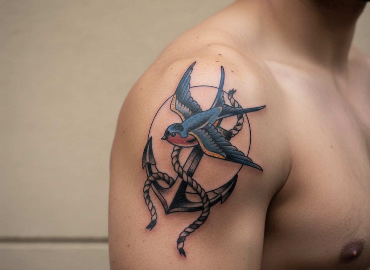 Swallow tattoo meaning: swallow and anchor on the upper arm