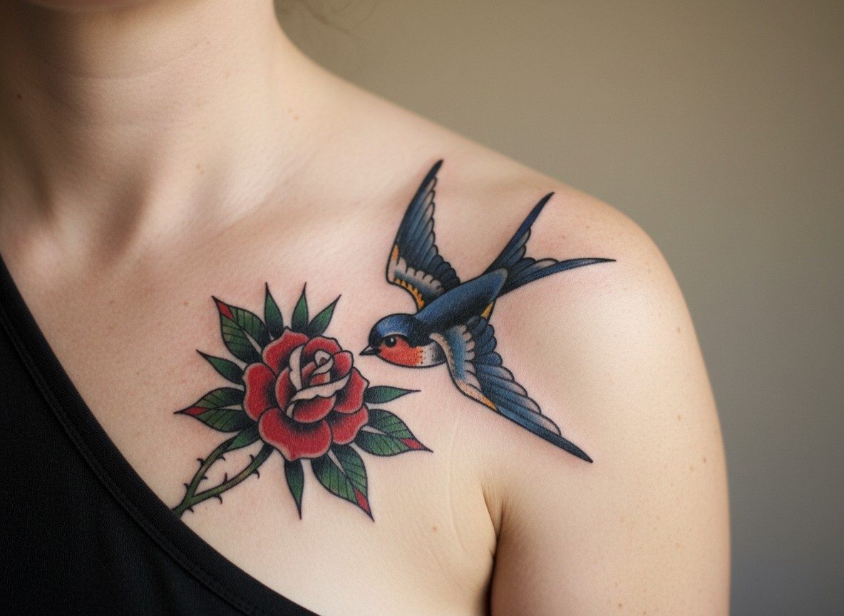 Swallow tattoo meaning: swallow and rose on the shoulder