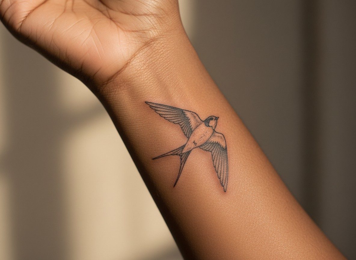 Swallow tattoo meaning: fine line swallow on the inner wrist