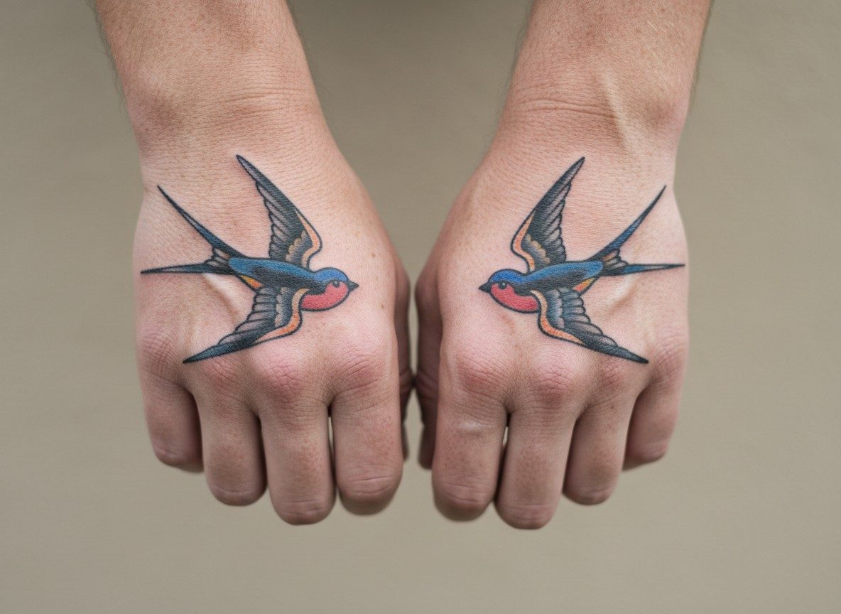 Swallow tattoo meaning: matching swallows on the hands on the backs of both hands