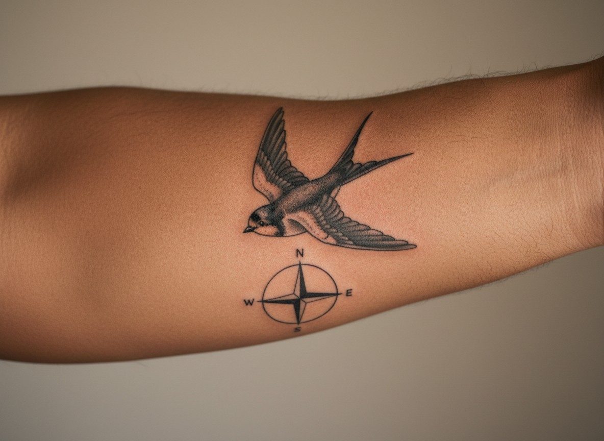 Swallow tattoo meaning: swallow and compass on the forearm