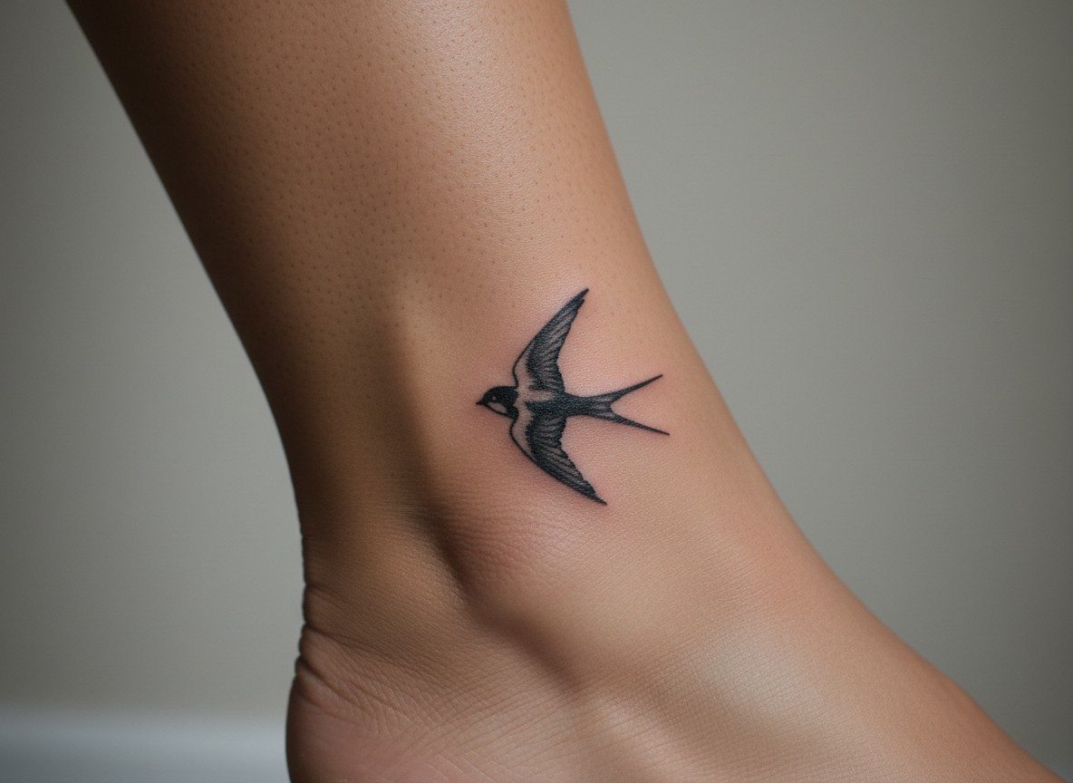Swallow tattoo meaning: minimalist swallow silhouette on the ankle