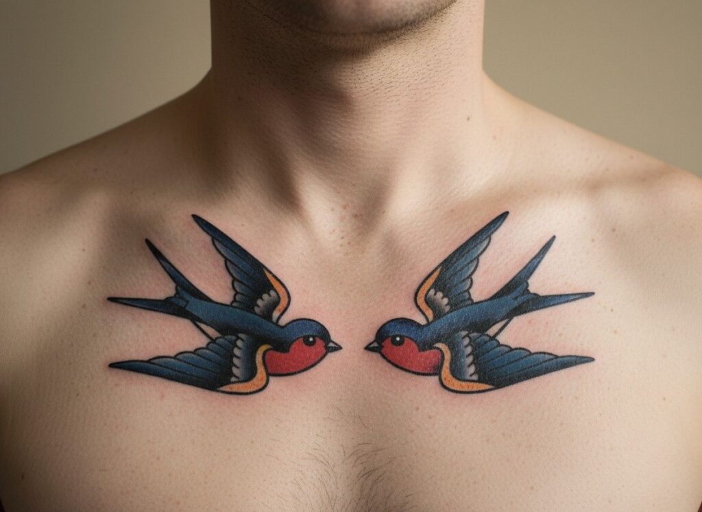 Swallow tattoo meaning: two traditional swallows on the upper chest