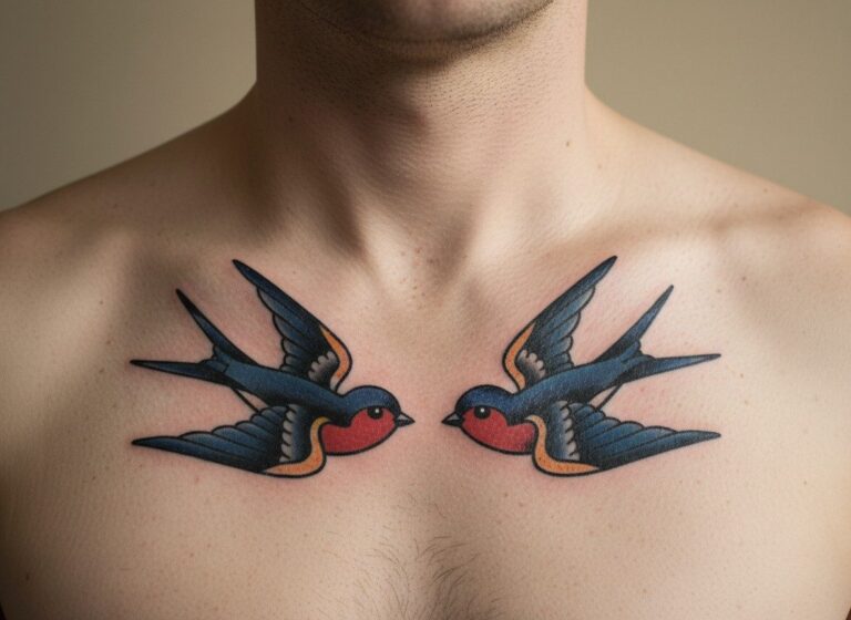 Swallow tattoo meaning: two traditional swallows on the upper chest