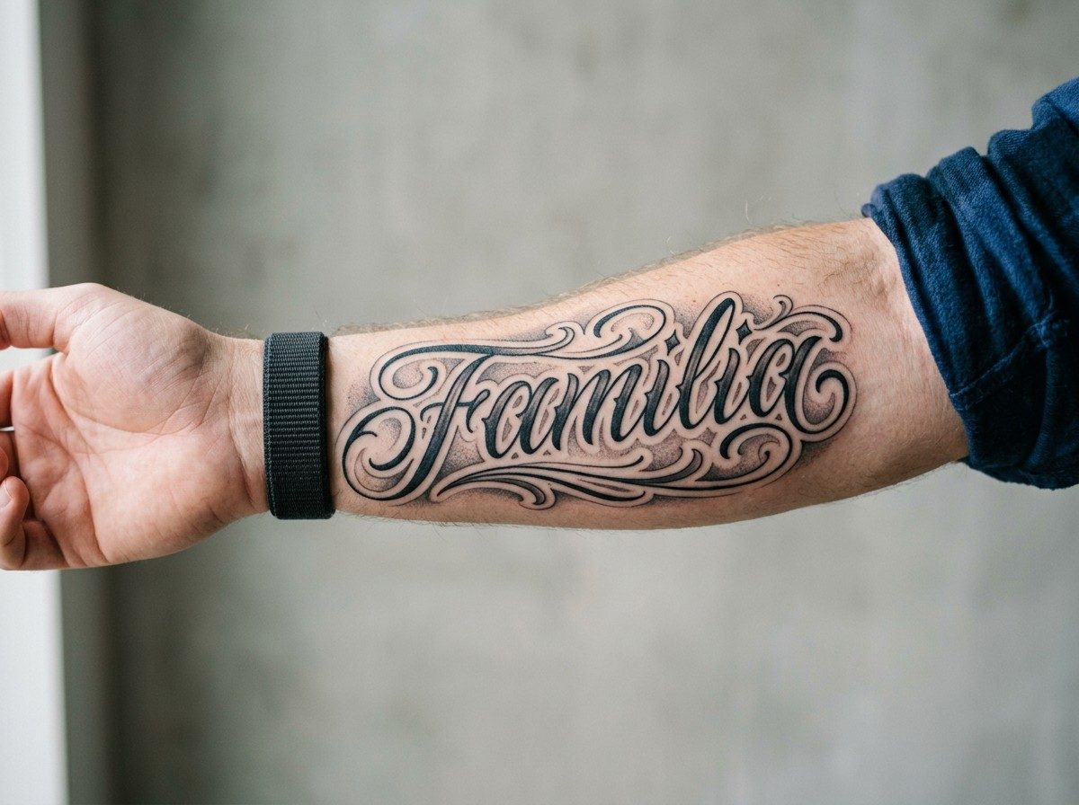Tattoo fonts: chicano script on the outer forearm