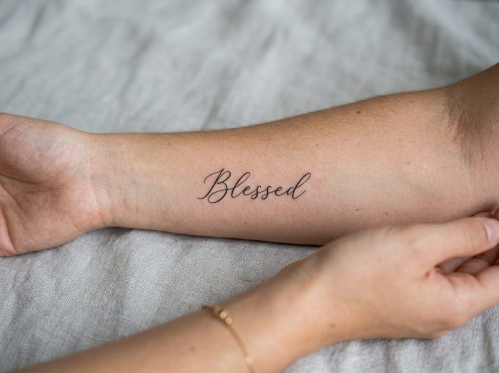 Tattoo fonts: cursive script word on the inner forearm