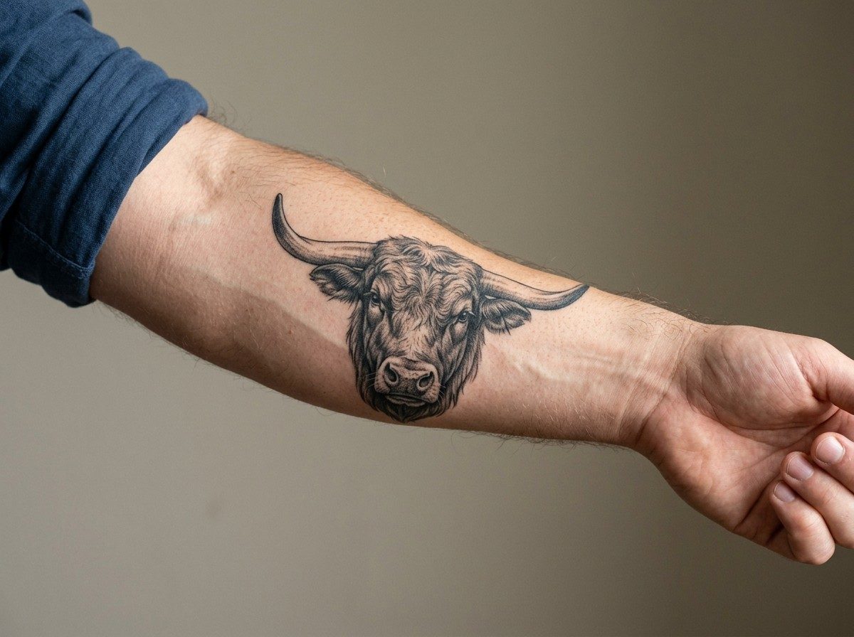 Taurus tattoo: realistic bull head on the forearm