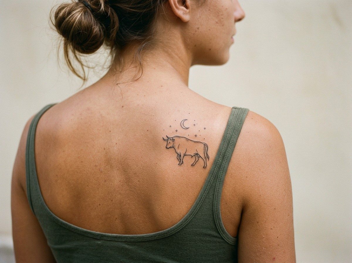 Taurus tattoo: bull and moon on the upper back