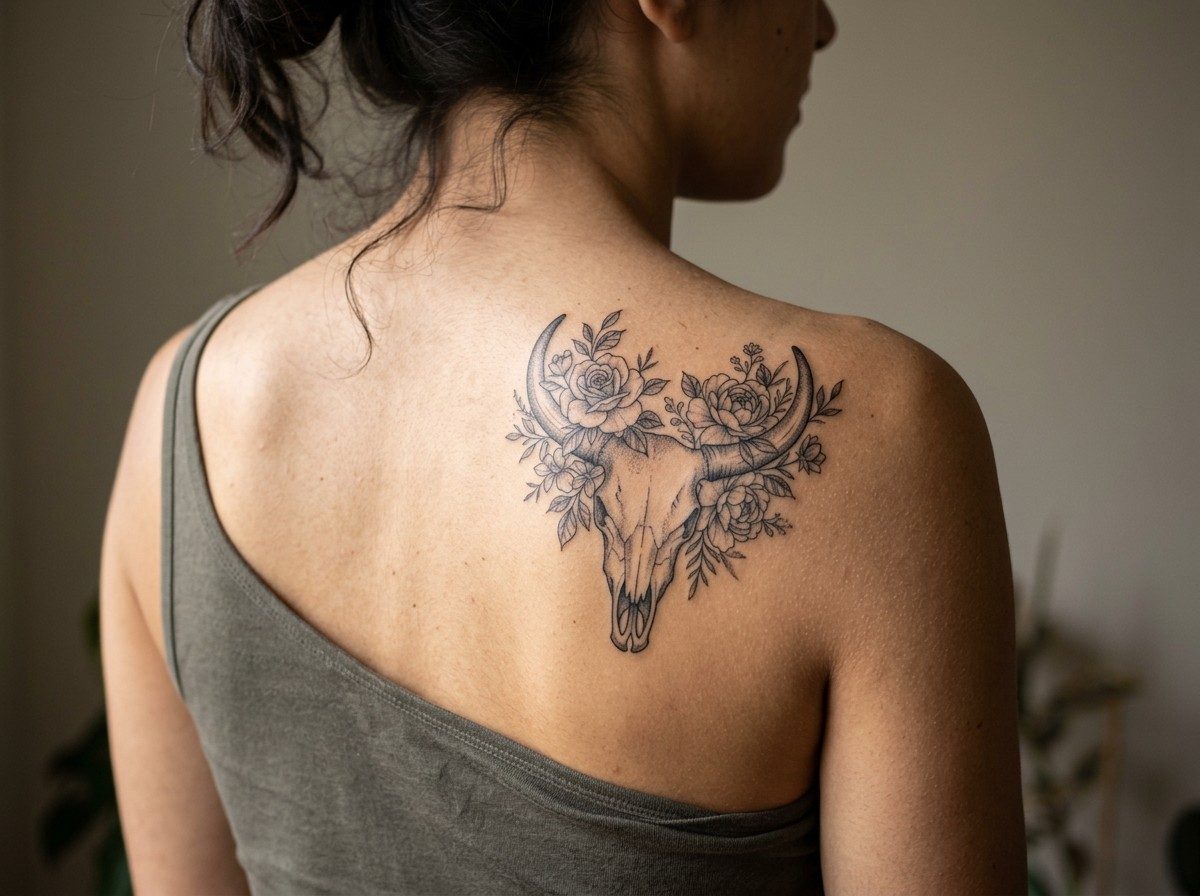 Taurus tattoo: floral bull skull on the shoulder blade