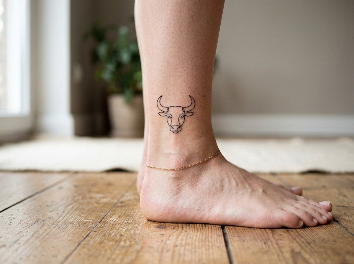 Taurus tattoo: minimal bull outline on the ankle