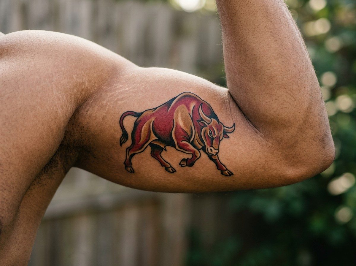 Taurus tattoo: traditional bull on the upper arm