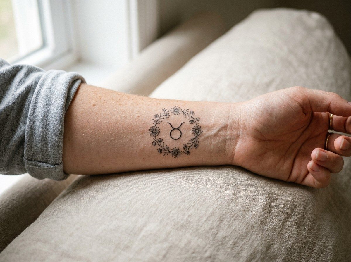 Taurus tattoo: glyph with flowers on the forearm