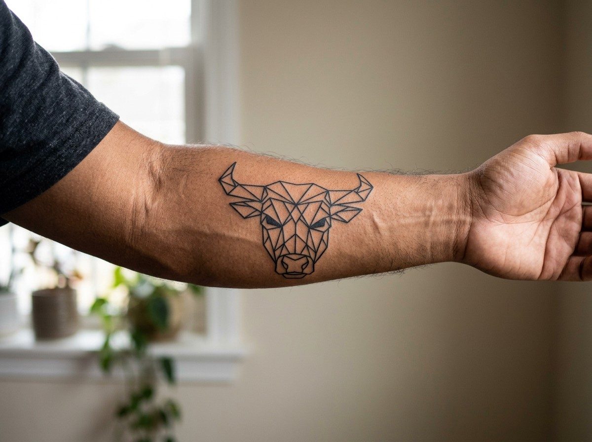 Taurus tattoo: geometric bull on the outer forearm
